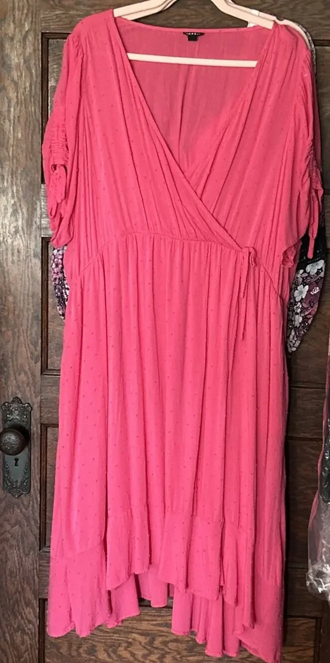 Torrid Pink Midi Swiss Dot Faux Wrap Dress Sz 4X Ruffle Hem